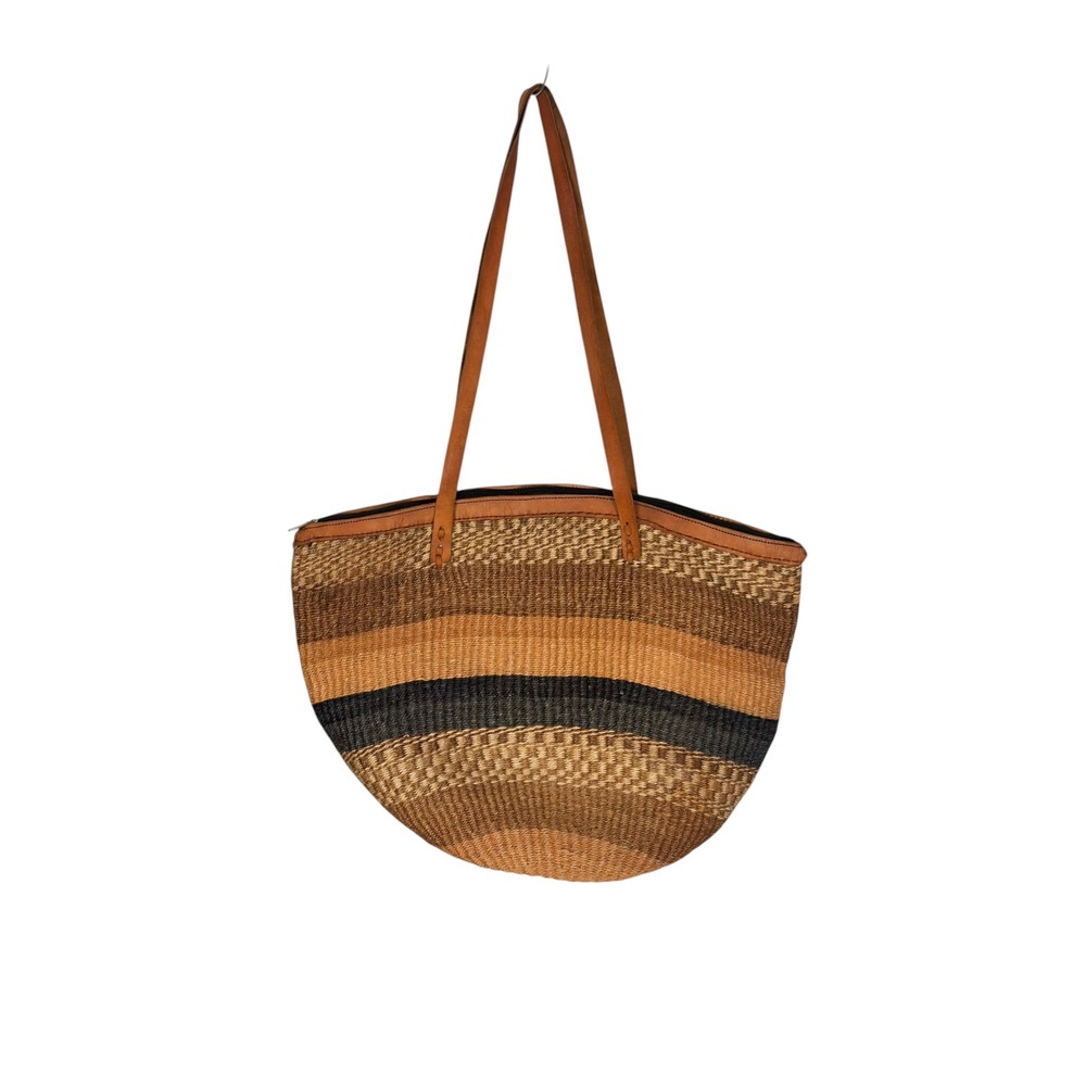 Unbranded Woven Sisal Tote Bag Large Brown Tan Striped Boho Leather Straps